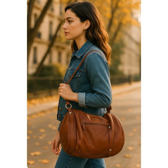 Sundance Genuine Leather Brown Tote Shoulder Satchel Hobo Handbag Boho Chic - Picture 12 of 12